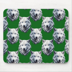 White Wolf Head Pattern Design Green Mouse Mat