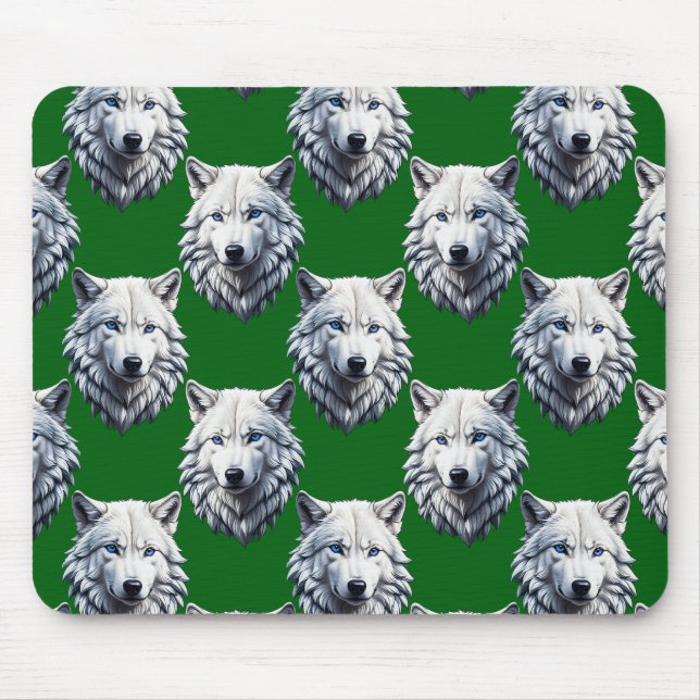 White Wolf Head Pattern Design Green  Mouse Mat (Front)