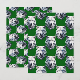 White Wolf Head Pattern Design Green Postcard