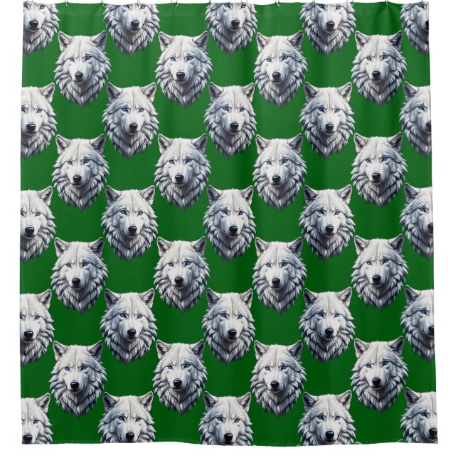 White Wolf Head Pattern Design Green  Shower Curtain (Front)