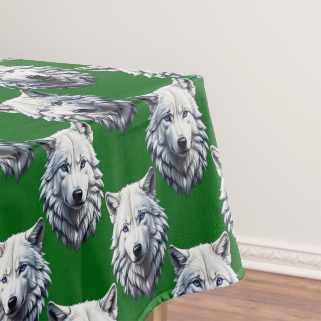 White Wolf Head Pattern Design Green  Tablecloth (Creator Uploaded)