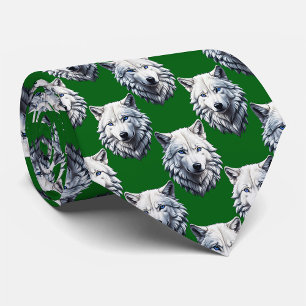 White Wolf Head Pattern Design Green  Tie