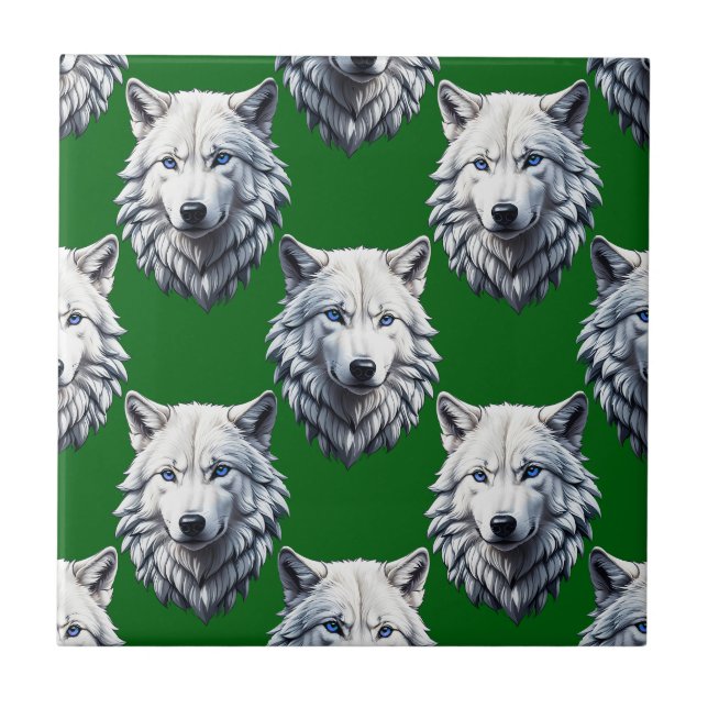 White Wolf Head Pattern Design Green  Tile (Front)