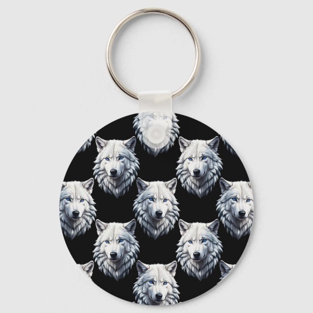 White Wolf Head Pattern Design  Key Ring (Front)