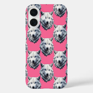 White Wolf Head Pattern Design Pink iPhone 16 Case
