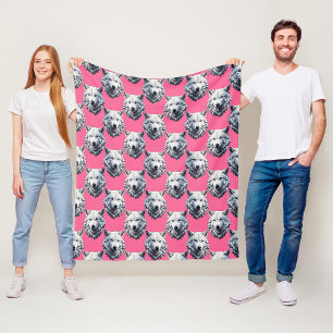 White Wolf Head Pattern Design Pink Fleece Blanket