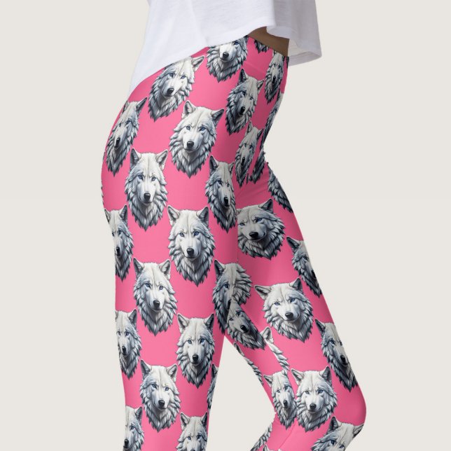 White Wolf Head Pattern Design Pink  Leggings (Creator Uploaded)