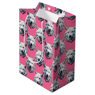 White Wolf Head Pattern Design Pink Medium Gift Bag