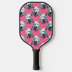 White Wolf Head Pattern Design Pink Pickleball Paddle