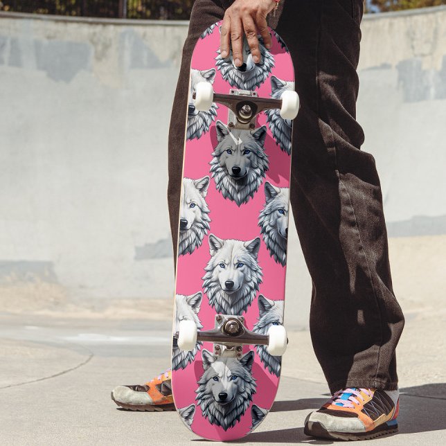 White Wolf Head Pattern Design Pink  Skateboard (Creator Uploaded)