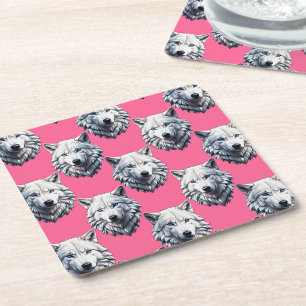 White Wolf Head Pattern Design Pink Square Paper Coaster