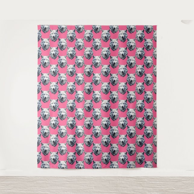 White Wolf Head Pattern Design Pink  Tapestry (Front)