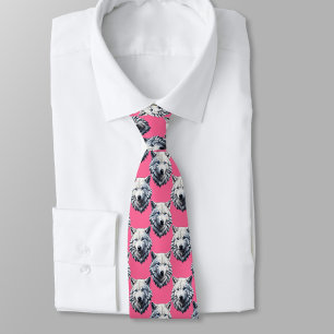 White Wolf Head Pattern Design Pink Tie