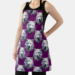 White Wolf Head Pattern Design Purple Apron