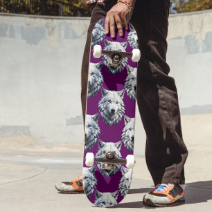 White Wolf Head Pattern Design Purple Skateboard