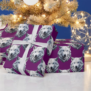 White Wolf Head Pattern Design Purple Wrapping Paper