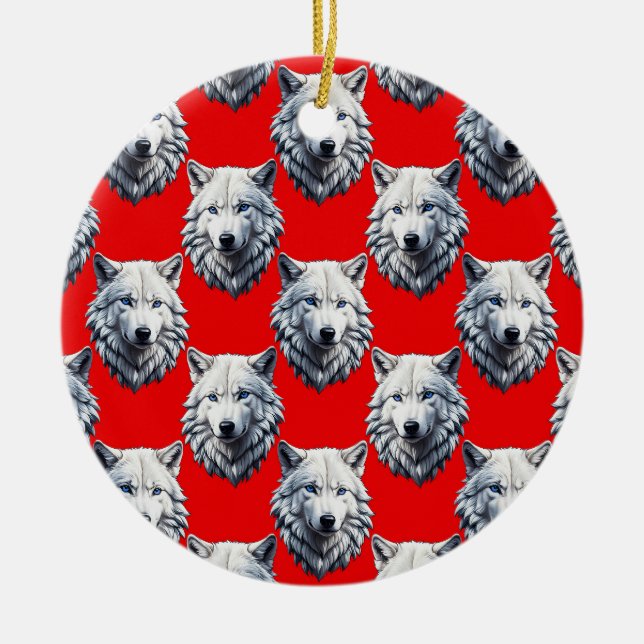 White Wolf Head Pattern Design - Red  Ceramic Tree Decoration (Front)