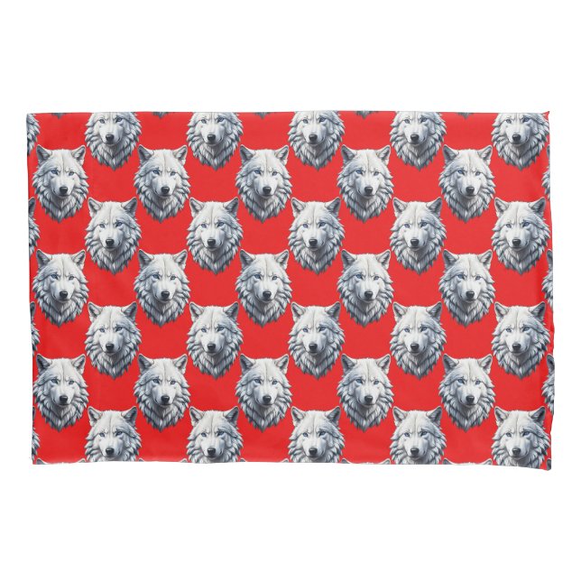 White Wolf Head Pattern Design - Red  Pillowcase (Front)