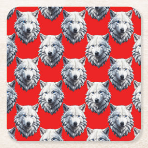 White Wolf Head Pattern Design - Red  Square Paper Coaster