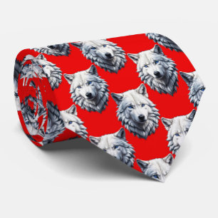 White Wolf Head Pattern Design - Red  Tie
