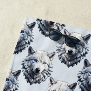 White Wolf Head Pattern Design - White Beach Towel