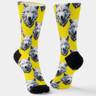 White Wolf Head Pattern Design Yellow  Socks