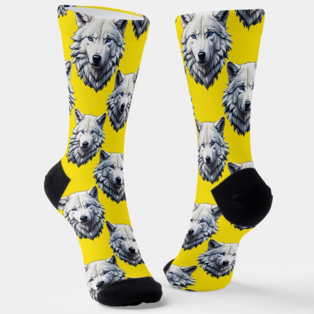 White Wolf Head Pattern Design Yellow  Socks (Creator Uploaded)