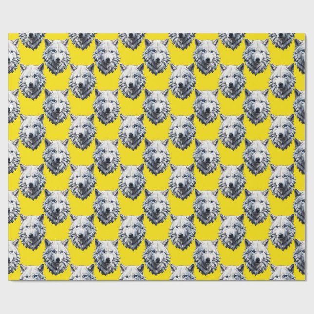 White Wolf Head Pattern Design Yellow  Wrapping Paper (Flat)