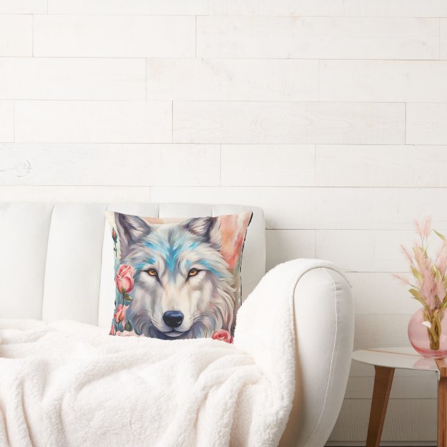 white wolf head pink roses wildlife painting cushion (Couch)
