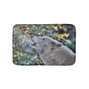 White Wolf Howling in a Winter Forest Bath Mat