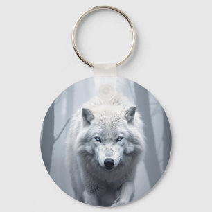 White Wolf in Foggy Forest Key Ring