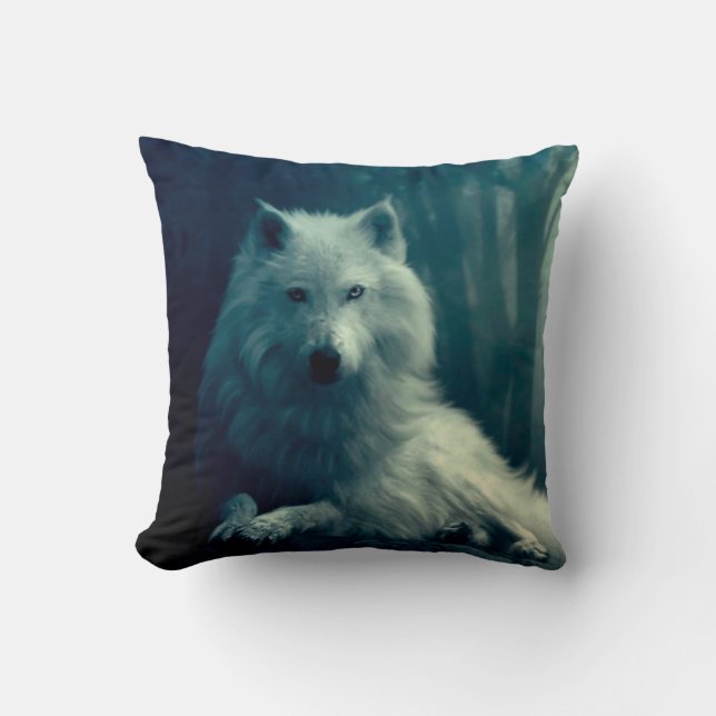 White wolf in the night forest cushion (Front)