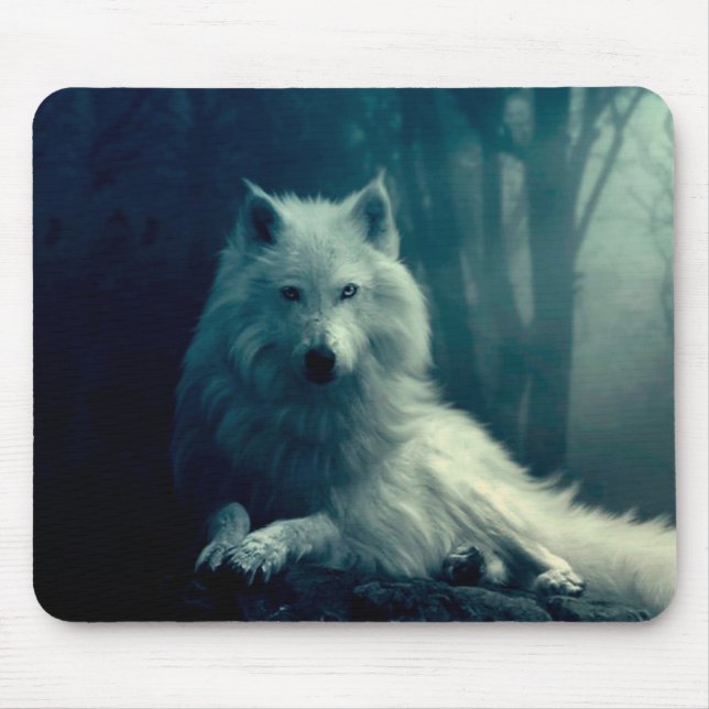 White wolf in the night forest mouse mat (Front)