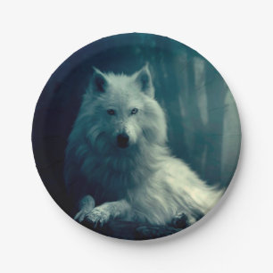 White wolf in the night forest paper plate