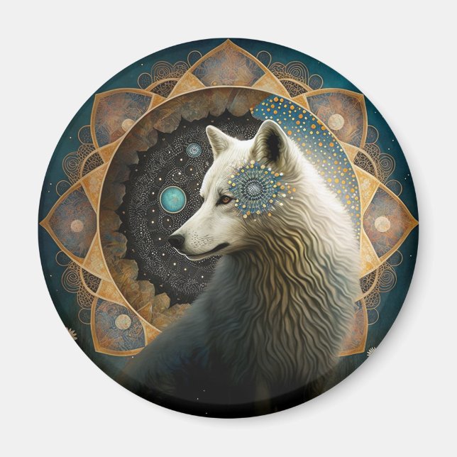 White Wolf Mandala Magnet (Front)