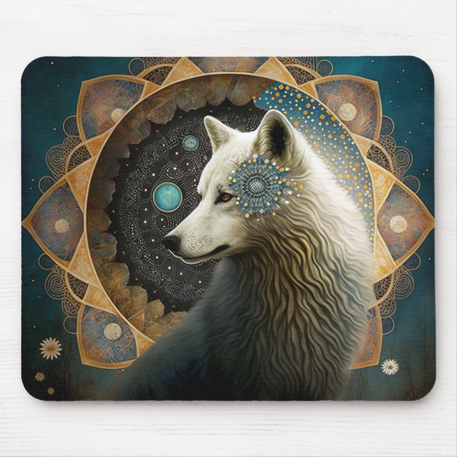 White Wolf Mandala Mouse Mat (Front)