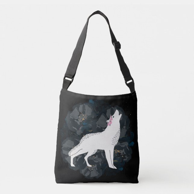 White Wolf on Circle of Black Roses Crossbody Crossbody Bag (Front)