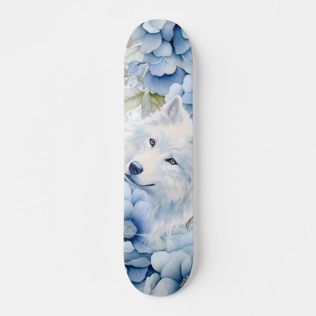 White Wolf Pastel Blue Watercolor Florals Skateboard (Front)
