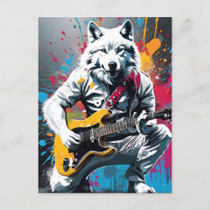 White wolf playing guitar, graffiti postcard