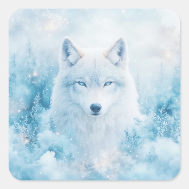White Wolf Portrait with Blue Eyes in Snowy Forest Square Sticker (Front)