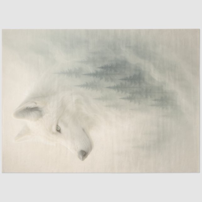 White Wolf Portrait with Forest Overlay Decoupage  Tissue Paper (Front)