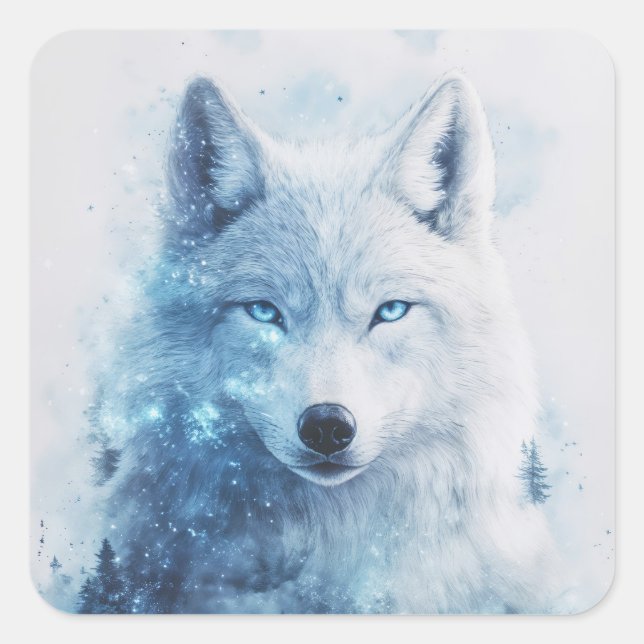 White Wolf Portrait with Piercing Blue Eyes Square Sticker (Front)