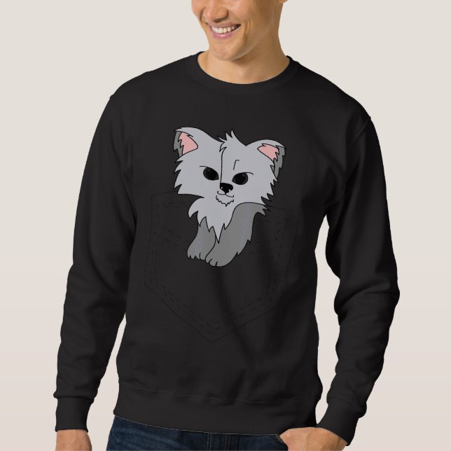 White Wolf Pup In A Pocket Wolf Sweatshirt (Front)