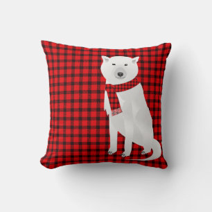 White Wolf Red & Polar Bear with Cub Buffalo Plaid Cushion