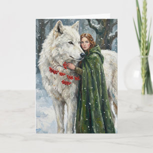 White Wolf Redhead Druid Winter Berries Fantasy Ar Card
