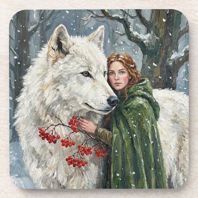 White Wolf Redhead Druid Winter Berries Fantasy Ar Coaster (Front)