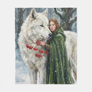 White Wolf Redhead Druid Winter Berries Fantasy Ar Fleece Blanket