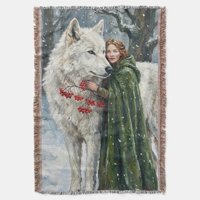 White Wolf Redhead Druid Winter Berries Fantasy Ar Throw Blanket