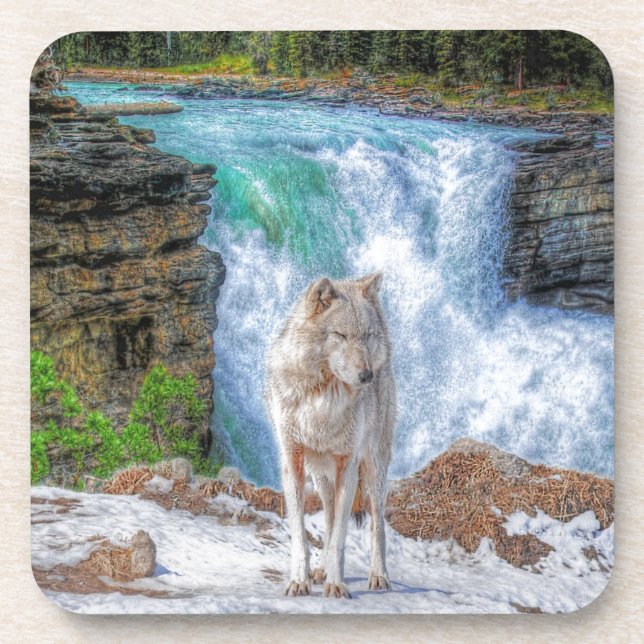 White Wolf & Rocky Mountain Waterfall Wildlife Art Coaster (Front)