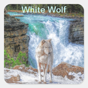 White Wolf & Rocky Mountain Waterfall Wildlife Art Square Sticker